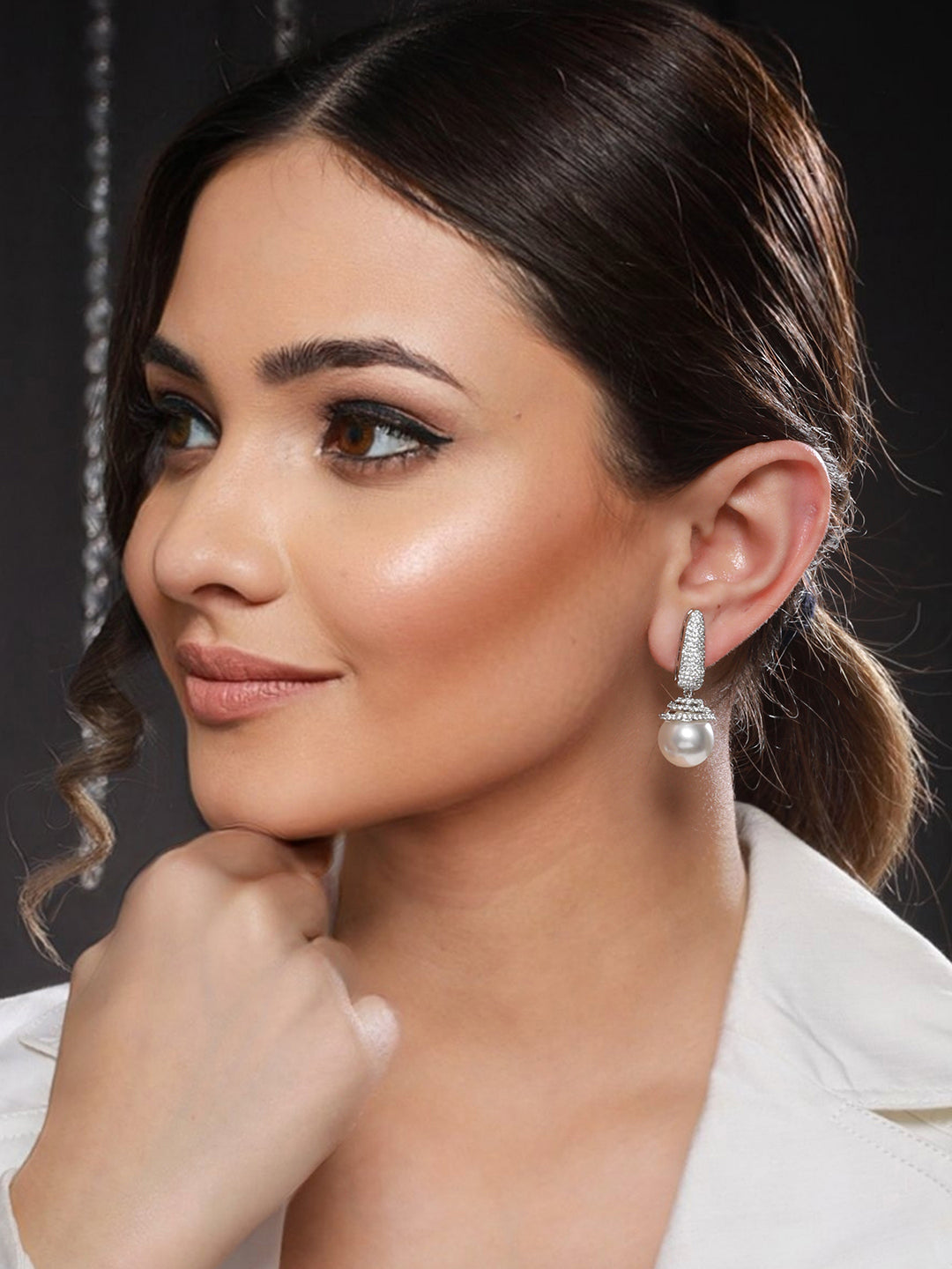 Silver toned Pearl Statement Drop Minimal Drop Earrings